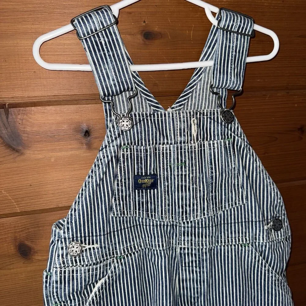 OshKosh B'gosh Vintage Blue and White Striped Conductor Kids Overalls Size 2T